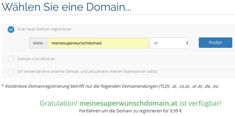 Bestellung der Wunschdomain mit Webhosting beim Hosting-Provider Murauer Group: Die Wunschdomain ist verfügbar