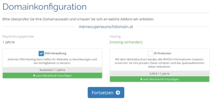 Die Addons DNS-Verwaltung und Privacy Protection bei der Domain-Bestellung beim Webhosting-Provider Murauer Group