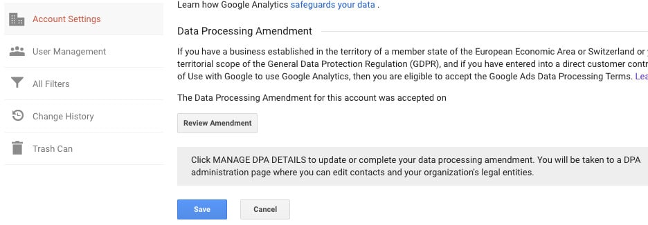 Das Data-Processing-Amendment bei den Kontoeinstellungen in Google Analytics