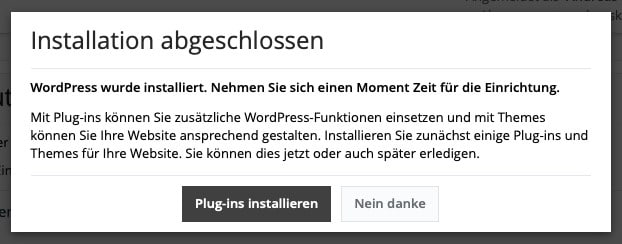 Die automatische 1-Klick-Installation von WordPress in der Benutzeroberfläche Plesk ist abgeschlossen