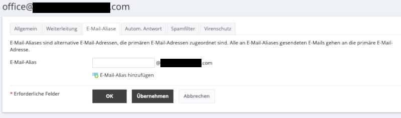 Einrichtung eines Email-Alias für eine Email-Adresse in der Benutzeroberfläche Plesk