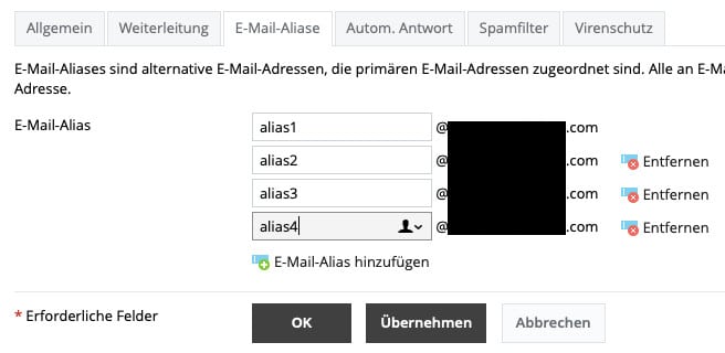 Einrichtung mehrerer Email-Aliase für eine Email-Adresse in der Benutzeroberfläche Plesk