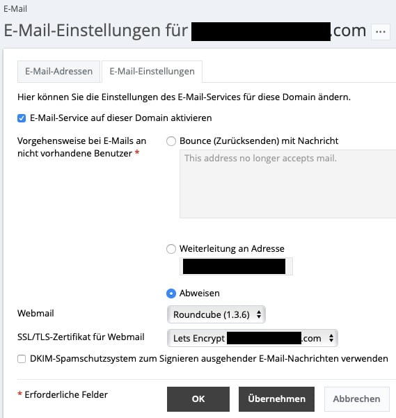 Die Registerkarte Email-Einstellungen für eine verwaltete Domain in der Benutzeroberfläche Plesk