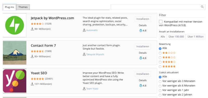 Auswahl und Installation von WordPress Plugins im WordPress Toolkit der Benutzeroberfläche Plesk