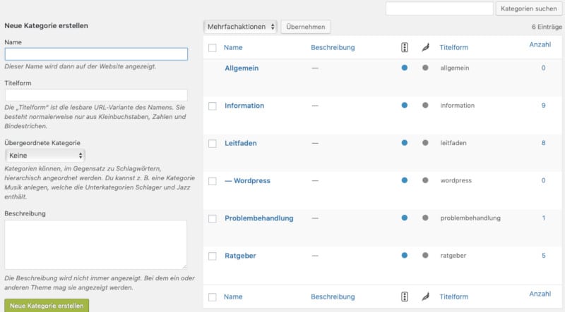 Die Übersicht über die Beitrags-Kategorien im WordPress-Dashboard