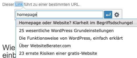 Das Eingabefeld für die zu verlinkende URL beim Erstellen eines Links im visuellen Editor von WordPress, mit internen Vorschlägen zu einem Suchbegriff