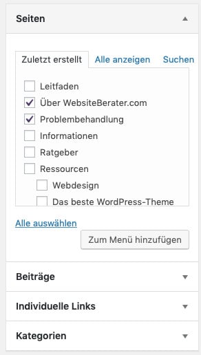 Seiten im WordPress-Dashboard zu einem manuellen WordPress-Menü hinzufügen