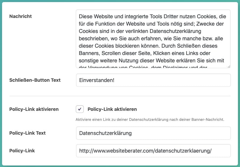 Die Cookie-Notice-Einstellungen des WordPress-Plugins Google Analytics Germanized, Teil 3