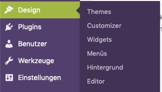 Das WordPress-Seitenmenü im WordPress-Dashboard: Design, Themes, Plugins, Werkzeuge, Einstellungen mit ausgeklapptem Untermenü für Design: Themes, Customizer, Widgets, Menüs