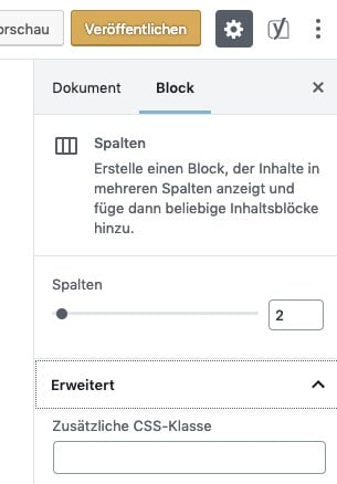 Die Eigenschaften eines Spalten-Blocks in WordPress Gutenberg: Anzahl der Spalten einstellen