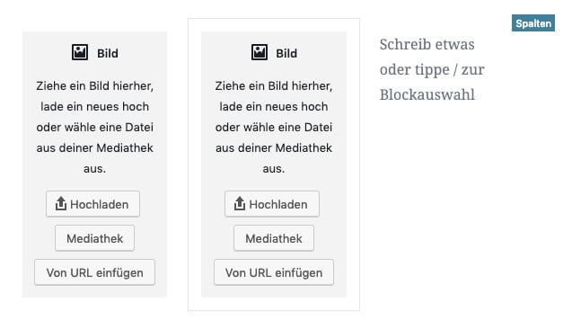 In WordPress Gutenberg sind in einem Spalten-Block zwei Bilder nebeneinander angeordnet