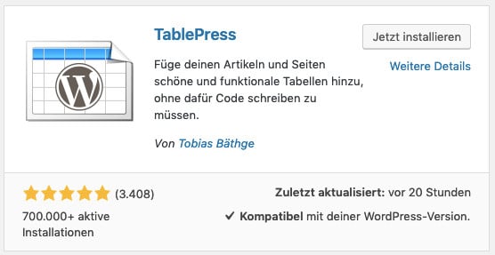 Das WordPress-Plugin TablePress installieren