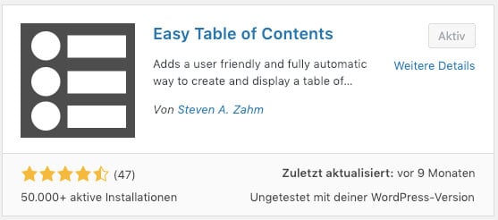 Das WordPress Plugin Easy Table of Contents