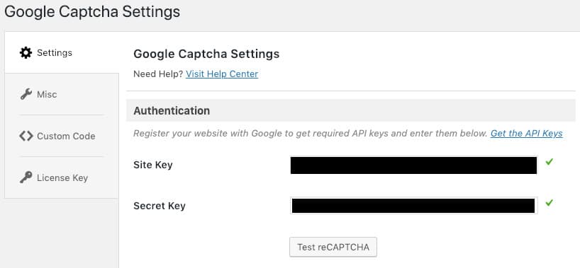 Die Einstellungen des WordPress-Plugins Google Captcha (reCaptcha): Die Keys