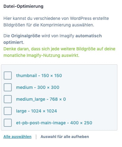 Die automatische mit-Optimierung von automatisch durch WordPress generierten Bildgrößen sollte in Imagify zunächst deaktiviert werden.