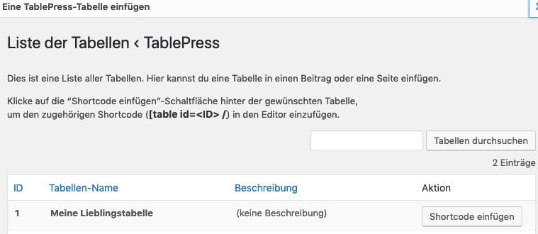 Auswahl der gewünschten Tabelle zum Einfügen über den TablePress-Button in der Werkzeugleiste des Classic Editors in WordPress
