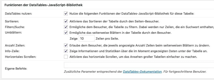 Die DataTables-JavaScript-Einstellungen zu einer Tabelle im WordPress-Plugin TablePress